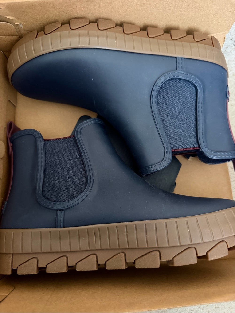 Navy Chelsea Rain Boots with Brown Sole